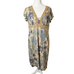 Vtg Faded Glory Y2K Tan Blue Floral Midi Dress Med 8-10 Deep V-Neck Lace Trim